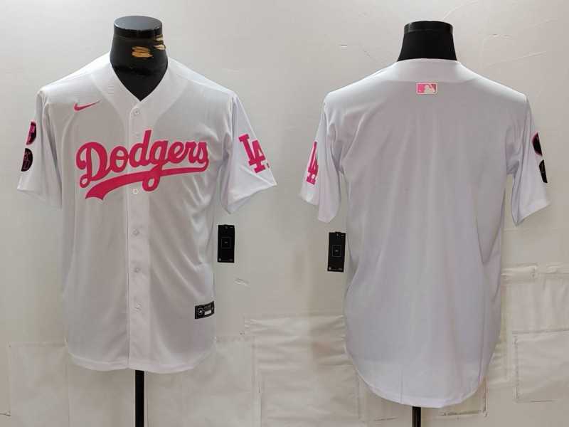 Men%27s Los Angeles Dodgers Team Big Logo White Pink Vin & Kobe Patch Stitched Baseball Jersey->2023 world baseball classic->MLB Jersey